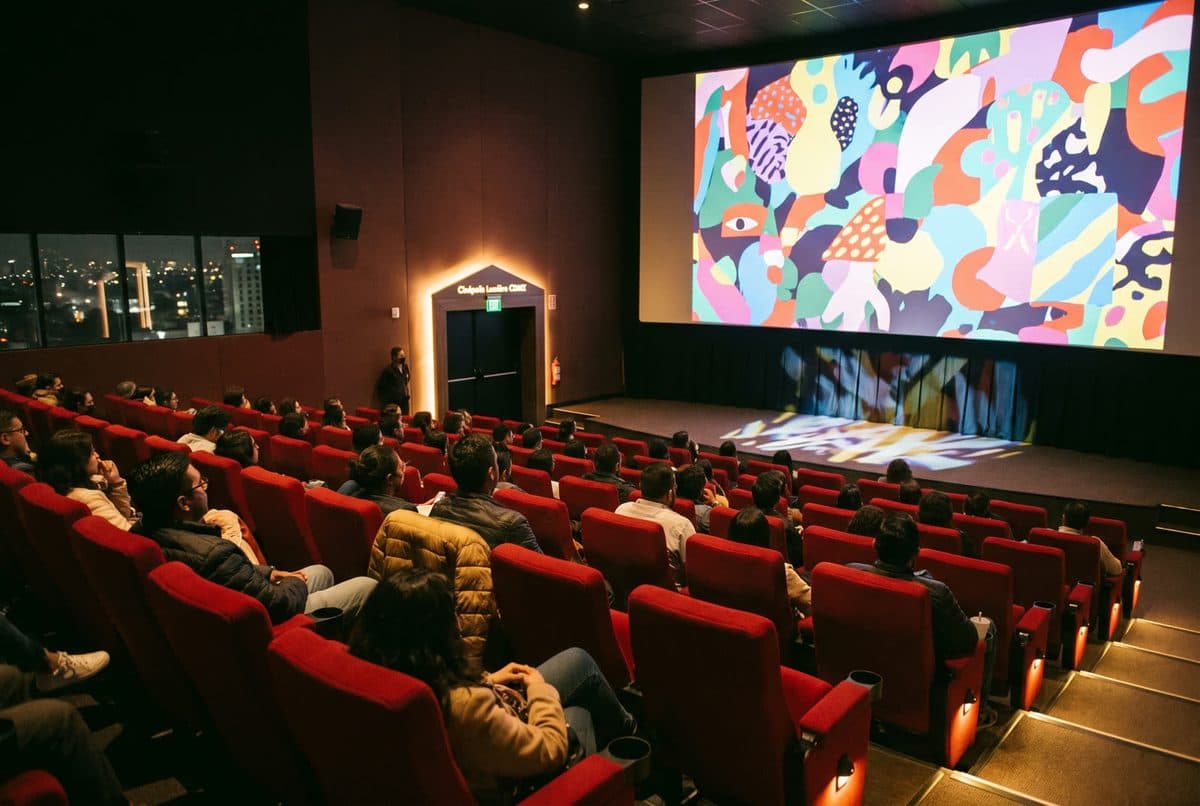 Sala de cine con anuncio en pantalla