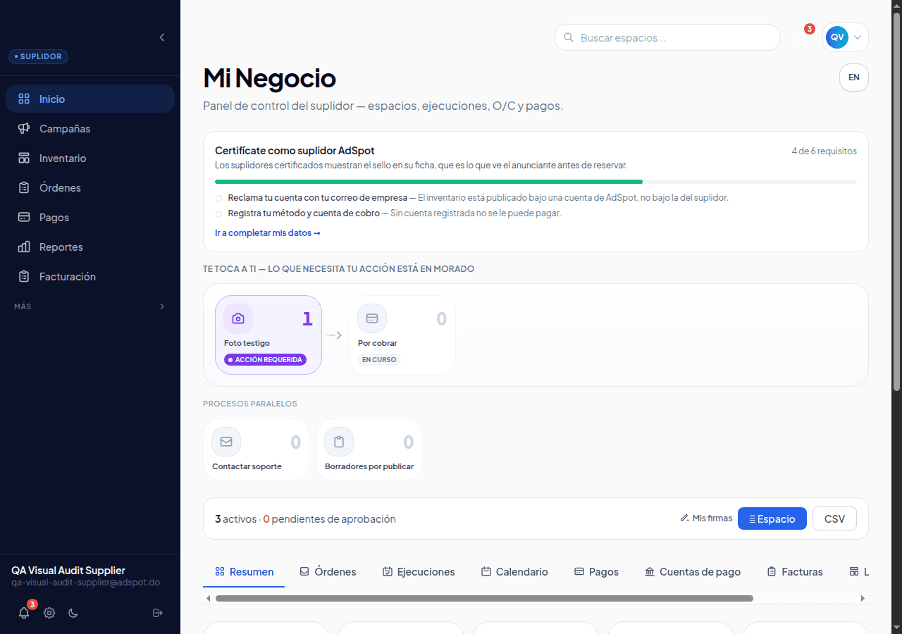 Panel de suplidor de AdSpot: espacios activos, órdenes de compra y pagos